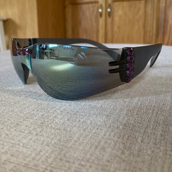 Purple Swarovski Crystals on Gold and Blue Mirror Sunglasses - Unique - unisex - Picture 3 of 13